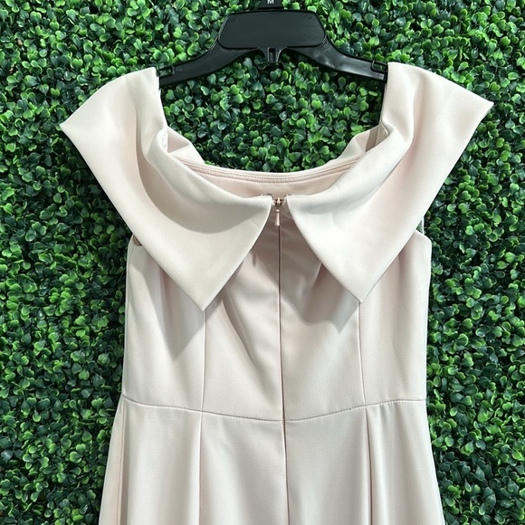 Dessy Collection Off Shoulder Crepe Bridesmaid Dress in size 0 color blush. - Picture 11 of 14